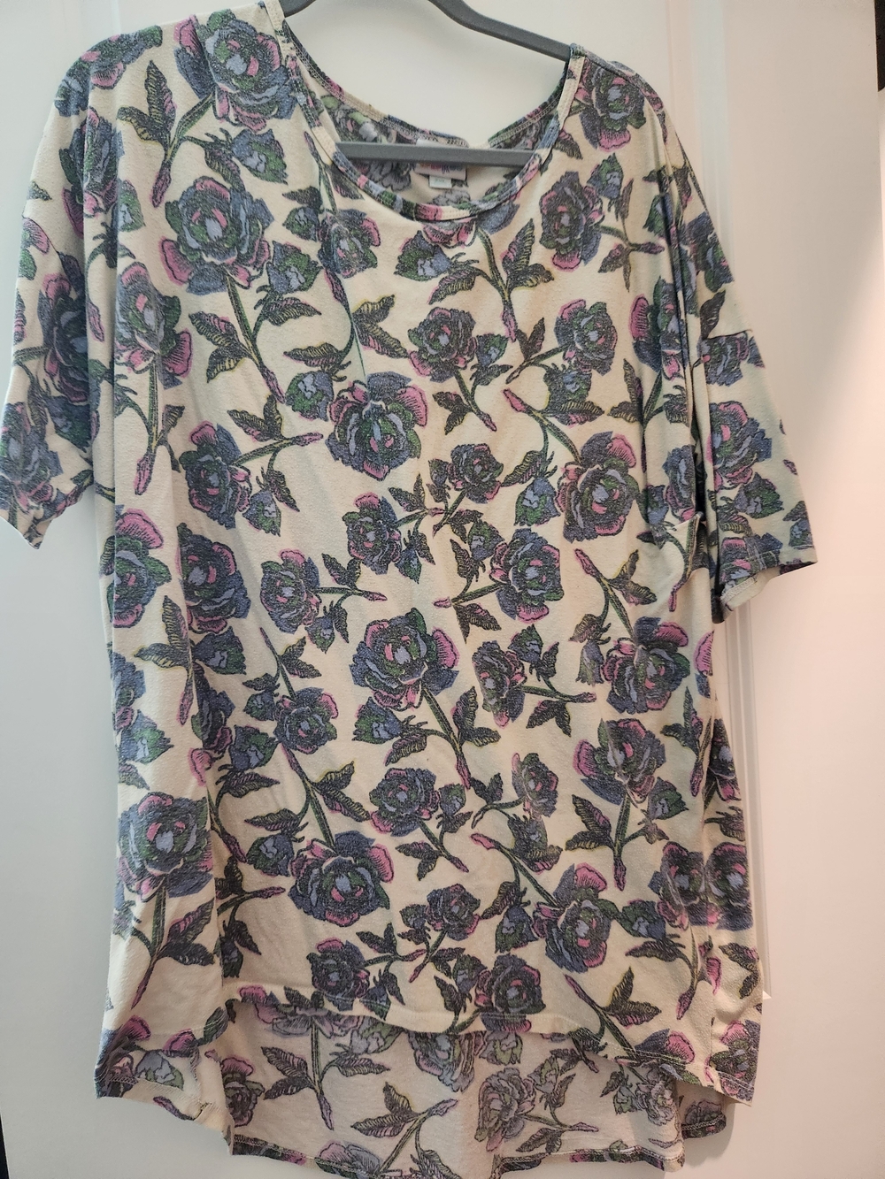 LuLaRoe Cream Short Sleeve Tee with Green and Pink Floral Print
